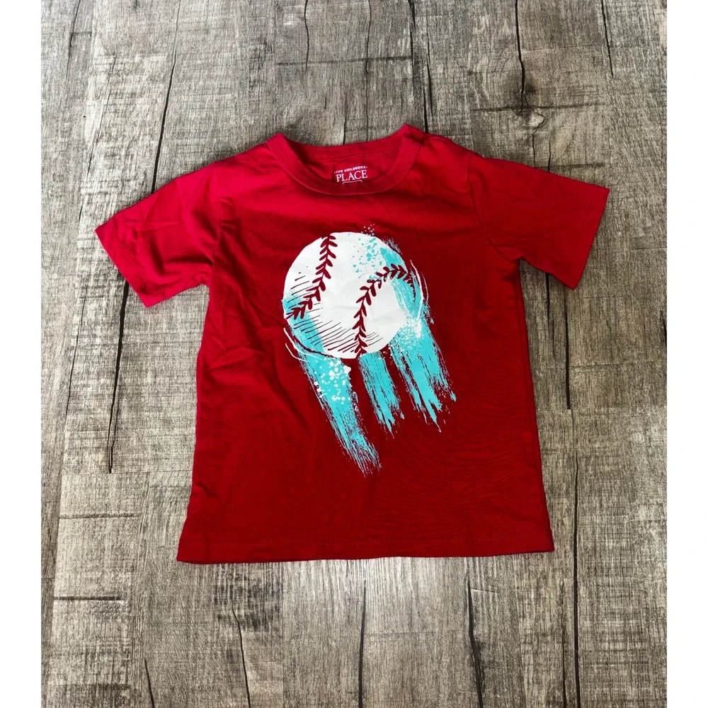 The Childrens Place Boys Red Baseball Graphic Tee Short‎ Sleeve Shirt 3T